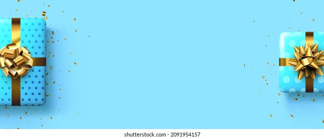 Blue gift boxes with golden bows. Christmas, birthday, Valentine's day present. Space for text. Vector holiday illustration.