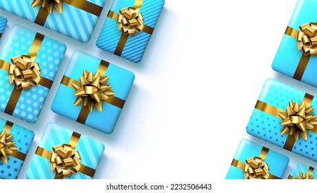 Blue gift boxes with golden bows. Christmas, birthday, Valentine's day present. Space fot text. Vector holiday illustration.