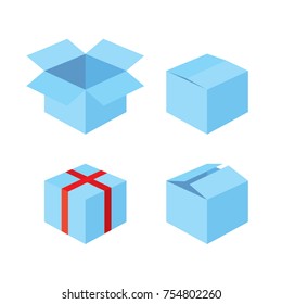 Blue gift boxes icons collection with red ribbon, Christmas / New Year / Valentine's Day. Close, open, half open. Delivery, shipping, warehouse, isolated on white