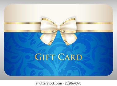 Blue Gift Card With Damask Ornament And Cream Ribbon