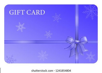 A blue gift card with a ribbon and a bow, and snow flakes. It can be used for presents, offers and rewards