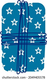 Blue gift, cute box with ribbon and white stars, vector illustration in cartoon style.
