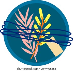 Blue gift, cute box with ribbon and branch, vector illustration in cartoon style.