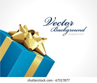 Blue gift with gold bow Christmas vector background