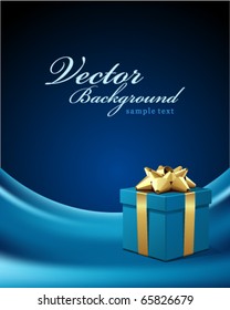 Blue gift with gold bow on silk vector background