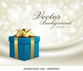 Regalo azul sobre tarjeta vectorial de seda