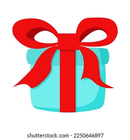 Blue Gift with red bow isolated on white. Vector illustration