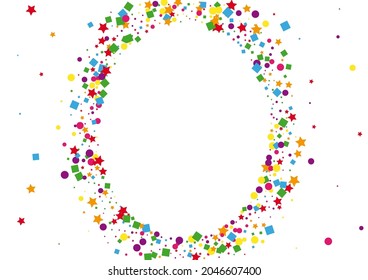 Blue Gift Square Background. Geometric Dot Decoration. Purple Circle Illustration. Surprise Star Illustration. Orange Sparkle Confetti.