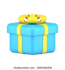 Blue gift surprise with gold knot 3d icon. Volumetric surprise tied luxurious ribbon with patterned on top. Festive shopping with solemn box for birthday and anniversary. Isolated realistic vector