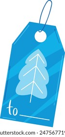 Blue gift tag white Christmas tree isolated white background. Flat style vector illustration, be used holiday gifts