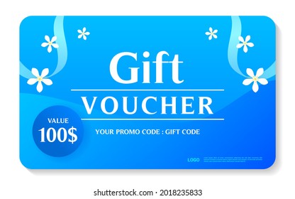 Blue gift voucher card vector design. Jasmine flowers on blue background