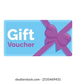 Blue gift voucher with a purple ribbon is lying flat, ready to be used for marketing and advertising