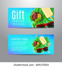 Blue gift voucher with summer composition. Unusual design of coupon usable for invitation and ticket. Vector illustration with sun glasses, seashells, fresh cocktail and ice cream.