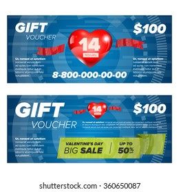 Blue Gift voucher template. Valentine day sale 