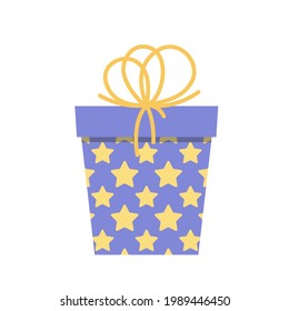 Blue gift with yellow stars. Funny birthday present in bright colors with yellow bow. White isolated vector stock illustration EPS 10. 