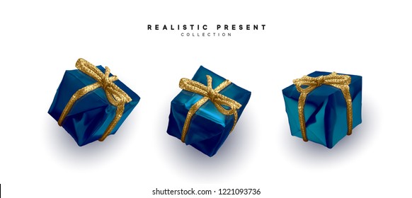 Blue gifts, box realistic isolated on white background. Set of decorative presents