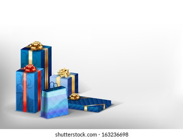 blue gifts in the corner of white background