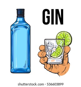 Blue Gin Bottle And Hand Holding Glass With Ice And Lime, Icolated Sketch Vector Illustration. Realistic Hand Drawing Of Unlabeled, Unopened Bottle And Gin On Rocks Cocktail For Posters, Postcards