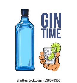 Blue Gin Bottle And Hand Holding Glass With Ice And Lime, Icolated Sketch Vector Illustration. Realistic Hand Drawing Of Unlabeled, Unopened Bottle And Gin On Rocks Cocktail For Posters, Postcards