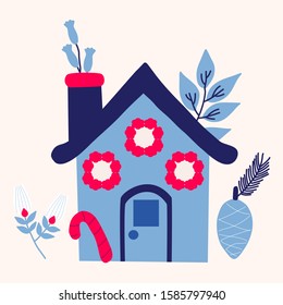 Blue ginger bread and christmas flowers in a vector illustration, perfect to use on the web or in print
