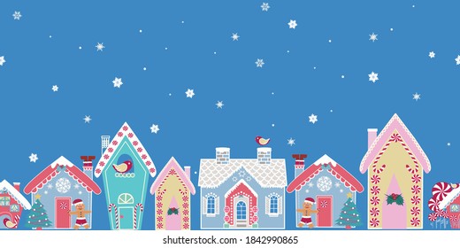 Blue Gingerbread house vector border repeat pattern