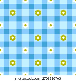 Fundo de gingham azul com pequeno branco, verde margaridas flores sem costura design padrão. Ilustração de vetor doce, estilo picnic retro