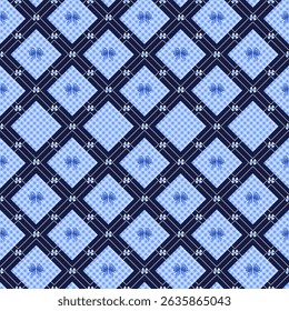 Blue Gingham and Bow Seamless Pattern, Cute Vintage Checkered Lattice with Ribbons
