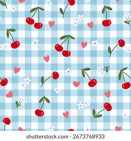 Blue gingham check pattern with pink cherries, mini hearts, and delicate white flowers.