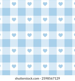 Blue Gingham Check seamless pattern with cute hearts