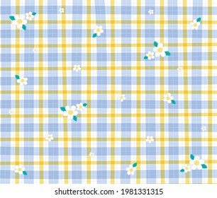 Patrones de Gingham Azul con un Stroke editable de fondo de la flor de margarita. Tablero de ilustración vectorial, alfombra picnica.