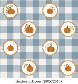 Blue Gingham Pumpkin Seamless Pattern with Rustic Fall Harvest Medallions