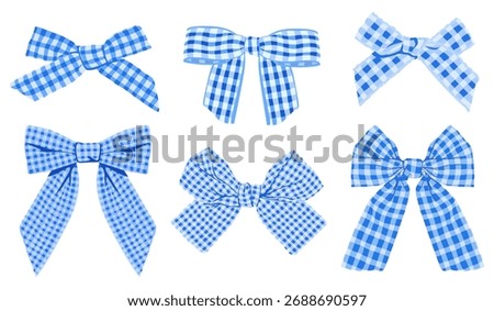 Blue Gingham Ribbon Bow Set. Cute Checkered Vector Collection
