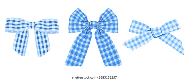 Conjunto de lazos de cinta de guinga azul. Clipart de Vector decorativo con patrón a cuadros
