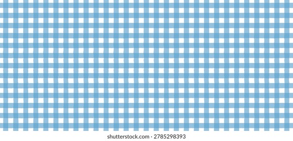 Blue gingham seamless pattern for baby shower, graduation, and cafe decor. Hand-drawn Amalfi brush stroke checkered transparent vector background for summer party invitations, napkins, and tablecloths.
