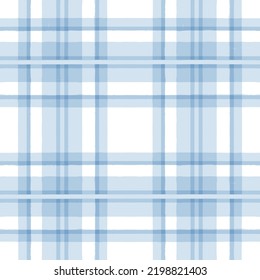 Blue Gingham seamless pattern. Watercolor plaid, tartan texture for spring picnic table cloth, shirts, wallpaper, blankets, paper. vector checkered summer strokes