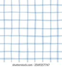 Blue Gingham seamless pattern. watercolor stripes, tartan texture for spring picnic table cloth, shirts, plaid, clothes, blankets, paper. Vector checkered hand paint wavy strokes.