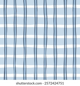 Blue Gingham seamless pattern. watercolor stripes, tartan texture for spring picnic table cloth, shirts, plaid, clothes, blankets, paper. Vector checkered hand paint wavy strokes.