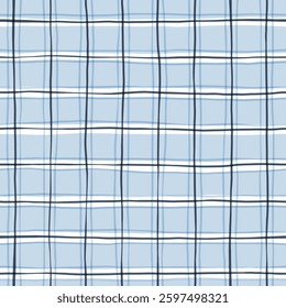 Blue Gingham seamless pattern. watercolor stripes, tartan texture for spring picnic table cloth, shirts, plaid, clothes, blankets, paper. Vector checkered hand paint wavy strokes.