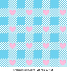Blue gingham Valentine checkered with pink heart seamless pattern.
