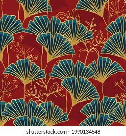 Blue Ginkgo Leaves on Red Background with Gold Outline Vector Decorative Seamless Pattern