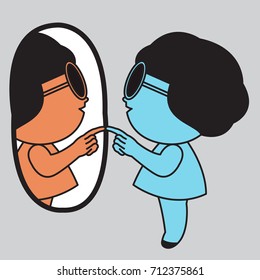 Blue Girl Is Lookig Right At The Other Half Of Her In The Mirror Concept Card Character illustration