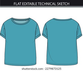 Blue girl top flat editable technical sketch vector file.