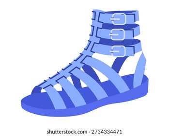 Gladiador azul cunha sandália sapato mulheres flat. Cinta de fivela alto gladiador cidade verão outfit statement guarda-roupa. Ilustração de moda técnica CAD mockup vetor liso homem unisex isolado estilo da moda