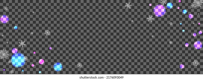 Blue Glare Background Transparent Vector. Circle Effect Texture. Pink Light. Purple Snowflakes Pattern. Snowy Frame.