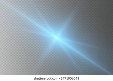 Blue glare of a star. Flash of light rays. On a transparent background.