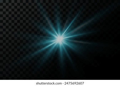 Blue glare of a star. Flash of light rays. On a transparent background.	
