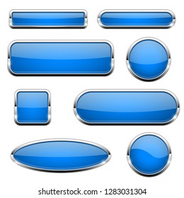 Blue glass 3d buttons. With chrome frame. Set of web icons. Vector illustration isolated on white background