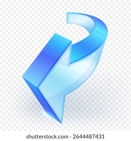 Blue Glass 3d curve arrow icon, suggesting direction, return, or progress. Isolated on transparent background, ideal for web design, apps, or business concepts. Vector illustration.