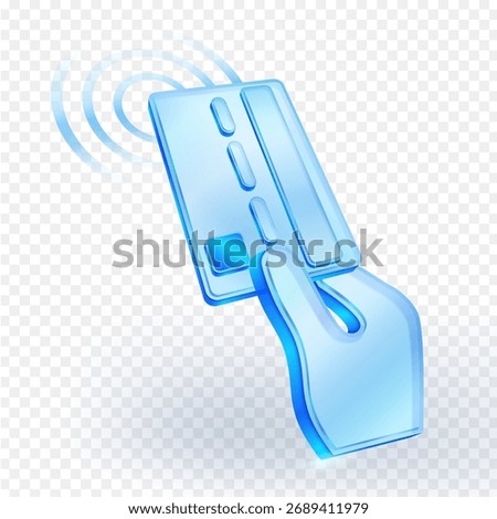Blue glass 3D vector illustration of a hand holding a credit card with wireless signal, symbolizing NFC, contactless payment, mobile banking and digital transactions.
