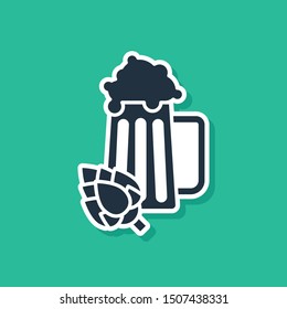 Blue Glass of beer and hop icon isolated on green background.  Vector Illustration